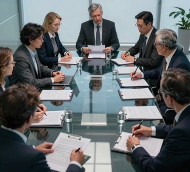 A high-angle professional photograph of a corporate boardroom with a glass table, where consultants are reviewing security protocols. The room is filled with soft Alice Blue and Steel Blue lighting, reflecting a modern and secure environment.