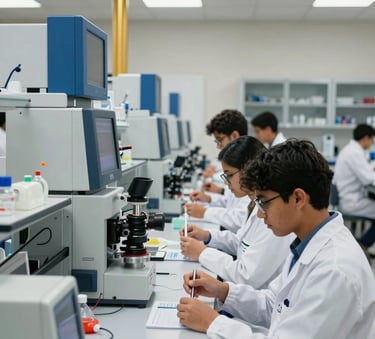 A modern South American university laboratory with high-tech equipment and students in white lab coats performing a practical exercise, bright professional lighting, with hints of steel blue and gold in the decor.