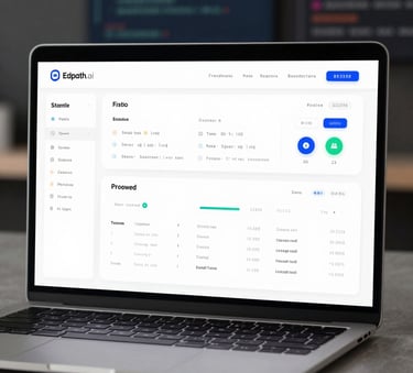 A sophisticated UI showcase of Edpath.ai on a modern laptop screen, featuring clean data visualizations and AI-driven dashboards. The lighting is focused and professional, with a background featuring soft blurs of code and tech icons in #2C3E50 and #B3A38C tones.
