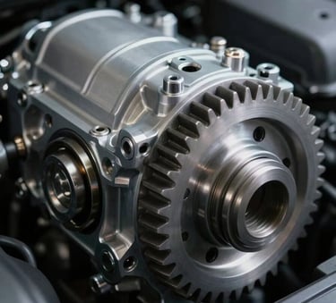 A close-up photograph of a clean, high-precision mechanical gear assembly inside a car engine, lit with cool white professional garage lighting against deep dark grey shadows.