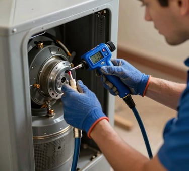 A professional HVAC technician using specialized tools to service a residential furnace system in a North American / US home basement, featuring royal blue equipment and clear lighting.
