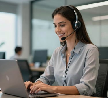 A professional female customer service representative in a modern Brazilian office, wearing a sleek headset and smiling while working at a laptop. The office has soft steel blue accents and natural light. América do Sul / Brasileiro.
