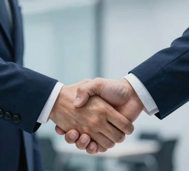 A close-up of a professional business handshake between two people in a modern office, symbolizing a partnership agreement. The lighting is clean and professional with corporate blue tones (#1C2E4A, #2E6A8A).