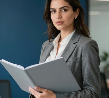 A professional South American / Brazilian woman in business attire holding a Sky Grey folder, standing in a modern Steel Blue office with a confident expression.