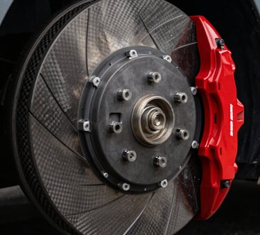 A high-performance carbon-ceramic brake rotor and bright red caliper installed on a high-end vehicle, professional studio lighting, focusing on the texture of the metal and the precision engineering in a North American setting.