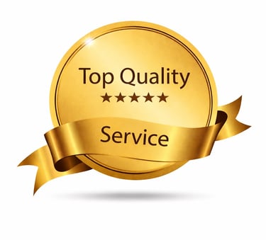 Golden top quality service seal with five stars and a ribbon for business excellence.