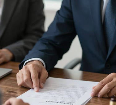 Close-up of a professional legal consultation in a Brazilian office, a person in business attire pointing at a document on a polished desk, soft natural light, professional atmosphere, palette of navy and mist colors.