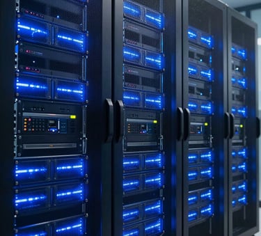 A high-tech server room with glowing deep blue lights on server racks, emphasizing modern cloud infrastructure and secure data management, corporate atmosphere.