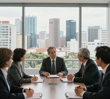 A group of professional business executives in a modern, bright meeting room with glass walls overlooking a Latin American city skyline, professional photography, natural lighting.