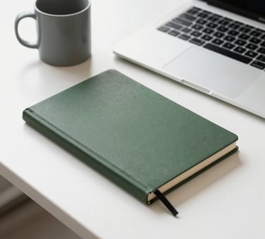 A minimalist, Scandinavian-style North American office desk with a clean laptop, a Matte Forest Green notebook, and a matte ceramic mug. The lighting is bright and natural, reflecting a professional yet approachable workspace.