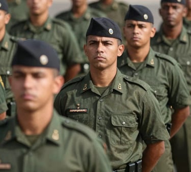 A formation of Brazilian Marines in dress uniform, standing with perfect discipline under bright sunlight, emphasizing authority and respect, with military green #3E544D and deep blacks #1A1E1C in the shadows.
