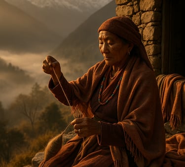 woman spinning yak wool at sunrise