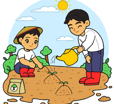 Children planting seeds in soil. Image credit: https://pixabay.com/vectors/draw-drawing-cartoon-plan