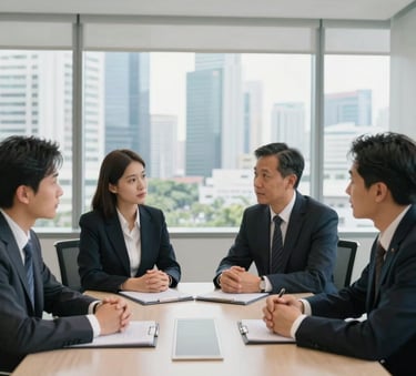 A professional team of business consultants in business attire having a discussion in a bright, modern meeting room with large windows overlooking a Southeast Asian city skyline. Natural lighting, professional atmosphere with Off-White and Dark Navy tones.