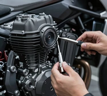 A close-up, high-detail shot of a high-performance motorcycle engine being inspected with precision tools. The lighting is focused and professional, highlighting metallic textures. The color palette includes #1F1F1F, #606060, and subtle #A03222 accents. Modern, industrial aesthetic.