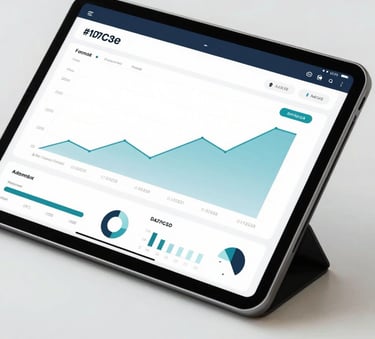 A close-up of a digital tablet displaying a professional financial dashboard with growth charts in shades of #1D2D3E and #4A7C8E, set on a clean white desk, conveying modern fintech efficiency.