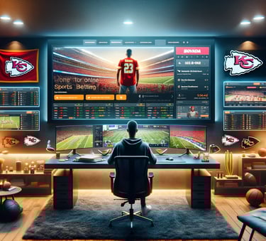 Modern home betting setup with multiple screens and KC Chiefs memorabilia.