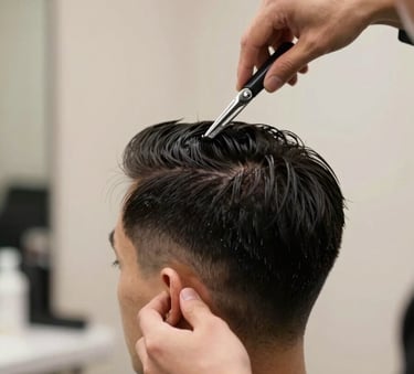 A close-up photograph of a professional stylist performing a precision haircut on a man. The focus is on the sharp grooming tools and the clean lines of the cut. The background is a soft-focus light beige salon wall with natural light. North American / International setting.