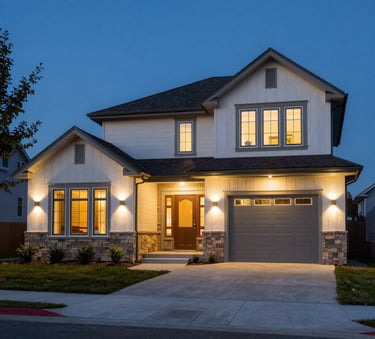 A wide shot of a modern North American house exterior with professional landscape lighting installed, highlighting a safe and well-lit environment during the blue hour. Professional architectural photography style.