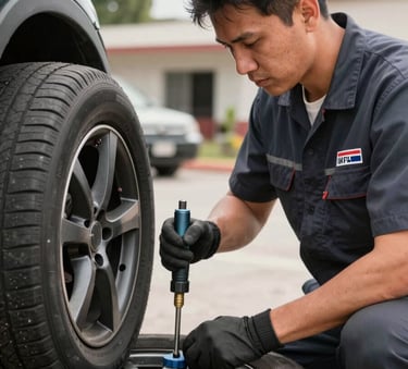 A professional technician in a modern uniform using specialized tools to repair a tire outdoors in a North American / Mexican setting, bright daylight, efficient and clean atmosphere.