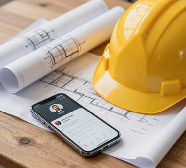 Close-up of a sturdy wooden desk with a yellow hard hat, rolled architectural blueprints, and a sleek smartphone displaying a professional user profile, professional studio lighting, Central European setting.