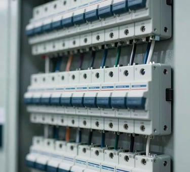 A high-precision view of a modern electrical distribution board with neatly organized wiring and circuit breakers. The aesthetic is clean and industrial, featuring a professional color palette of #34495E and metallic #AAB7B8 tones. High contrast, sharp focus on technical details.