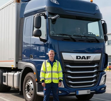 A professional logistics specialist in high-visibility attire standing next to a sleek navy blue DAF xf 480 truck in a modern Central European / Polish industrial zone, bright daylight, steel blue and silver blue tones.