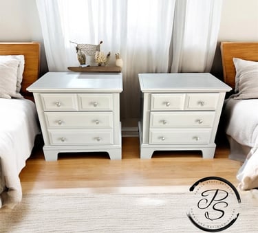gray nightstands with nickel hardware