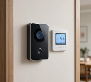 A sleek, modern smart home security panel and a digital thermostat mounted on a clean off-white wall in a contemporary North American home.