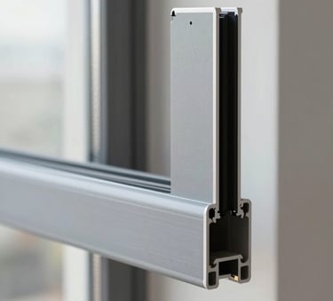 Close-up of a high-end aluminum window frame installation in a minimalist apartment. Precision engineering visible in the joints. Professional lighting, palette focusing on #A0AEC0 and #1A202C tones.