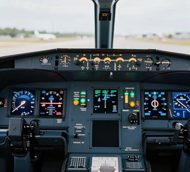 A close-up photograph of a modern aircraft cockpit in a South American / Brazilian hangar, focusing on the high-tech glowing instrument panels with dark navy and light blue accents, sharp focus, professional lighting.