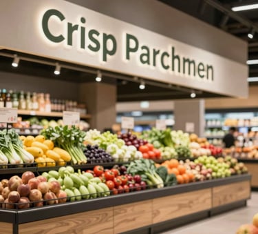 A modern food market interior with clean lines, minimalist signage in Crisp Parchment, and vibrant fresh produce displays. Scandinavian architectural style, high-end look.