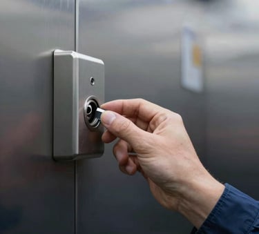 Close up of an elevator maintenance engineer's hand inspecting a sleek metal mechanism. Trust and efficiency conveyed through clean #E9ECF0 lighting and dark #2F3F4C shadows. Confidently forward-thinking vibe.