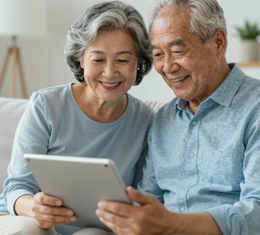 A happy senior couple sitting comfortably on a sofa, looking at a tablet with smiles of relief, modern living room with soft lighting, incorporating #BCCBD4 and #F5F7F8 tones.
