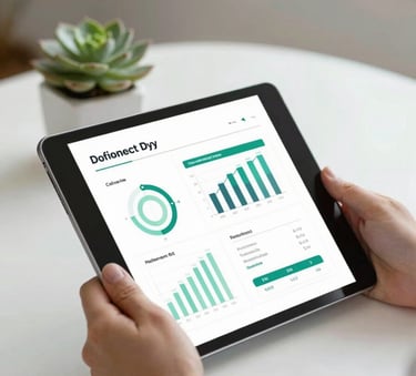 Close-up of a nutritionist's hands holding a tablet with health charts, sitting at a clean modern desk with a succulent plant. High-end, professional lighting, incorporating #52796F tones and #F5F5DC textures.