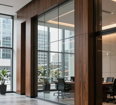 A sophisticated, high-end office interior with glass walls and dark wood accents in a North American business district. The lighting is soft and professional, reflecting an atmosphere of institutional trust and corporate excellence.