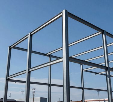 A low-angle shot of a steel skeleton for a large commercial structure in a Northern European industrial park, clear blue sky, sharp focus on structural beams, professional construction site photography.