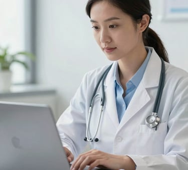 A close-up of a professional healthcare administrator in North American business attire using a sleek, modern laptop in a bright, Soft White medical office setting with Steel Blue accents.