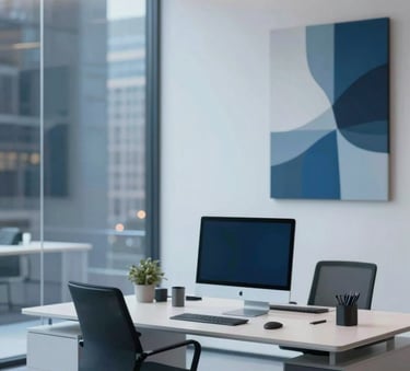 A minimalist, sleek workspace featuring high-end tech, a glass wall reflecting city lights, and an abstract digital art piece. The lighting is crisp and modern, incorporating shades of #2D4A6B and #A7BCCD to create an atmosphere of professional innovation.