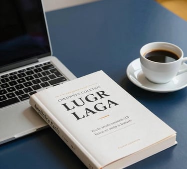 A clean, professional workspace with an open laptop, a legal textbook, and a cup of coffee. The lighting is soft and natural, with accents of deep navy blue and golden yellow in the decor, symbolizing a structured and calm study environment.