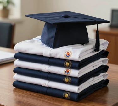 A stack of neatly folded personalized school uniforms and caps with a school logo, placed on a clean wooden table in a bright Central African administrative office.