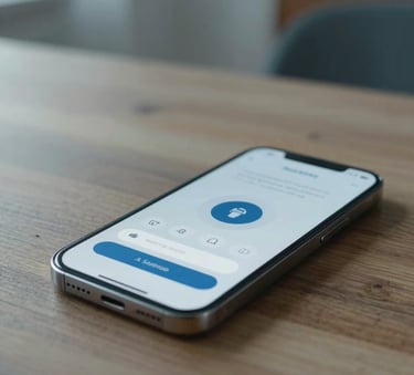 A close-up of a modern smartphone showing a secure password entry screen, lying on a wooden desk in a minimalist Central European / German apartment, soft lighting with Muted Steel Blue and Pale Silver Blue tones.