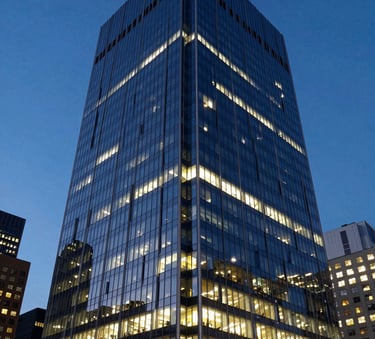 A perspective shot of a modern glass skyscraper in a North American / US business district under a clear Midnight Blue twilight sky, glowing interior lights, sharp lines, architectural photography.