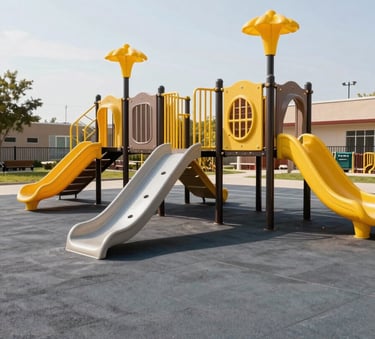A wide-angle shot of a clean, modern North American / US preschool playground with safe grey rubber flooring and yellow climbing equipment. The scene is bright and engaging under a clear sky.