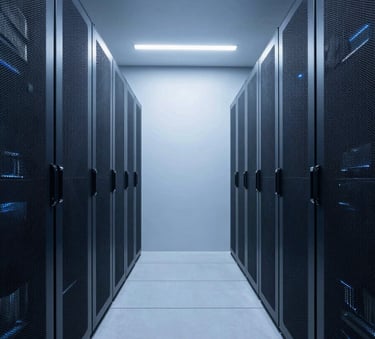 A minimalist, high-end server room interior with clean lines and soft blue ambient lighting. The perspective is symmetrical, emphasizing precision and technical depth. Scandinavian design influences in the architecture. Professional, enterprise-grade atmosphere.