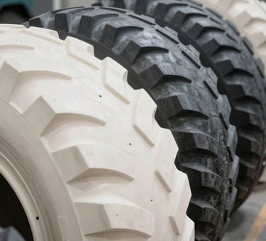 A close-up photograph of a row of heavy-duty crane tires in a clean warehouse, highlighting the tread texture and professional industrial setting. Lighting is clear and even, using professional off-white and dark slate grey tones.
