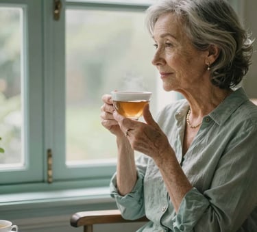 An elegant senior woman enjoying a cup of tea by a large window in a cozy North American / US sunroom. Muted sage teal accents in the decor. Soft, natural lighting.