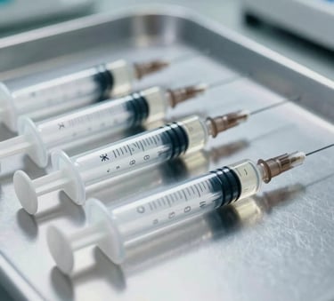 A close-up photograph of high-grade medical syringes neatly arranged on a reflective silver surface, bright clinical lighting, sleek and modern aesthetic, Global / International medical setting.