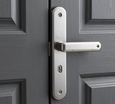 A detailed shot of a modern, heavy-duty silver door lock being installed on a polished charcoal grey wooden door. Professional focus on the craftsmanship, Middle Eastern / Gulf setting.