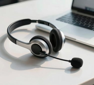 A close-up photograph of a professional office desk in a South American business setting, featuring a high-end headset with a microphone resting next to a modern laptop. The lighting is bright and natural, reflecting a clean and trustworthy atmosphere with soft blue accents.